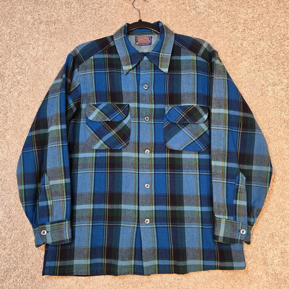Vintage Pendleton Men's Medium Plaid Flannel Shirt Pure Virgin Wool blue plaid